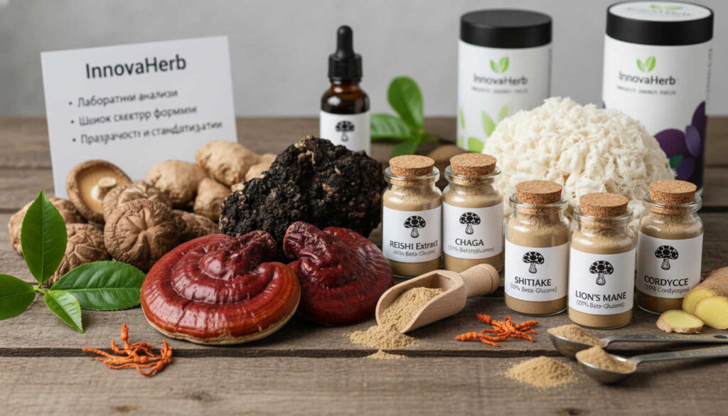 Екстракт от гъби – лечебни гъби в капсули и прах, изобразяващи имунна подкрепа и енергия
