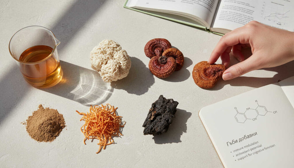 Editorial still life of functional medicinal mushrooms with soft natural light, minimalist lab glassware and scientific notes symbolizing the researched, balanced use of Гъби добавки in modern wellness.