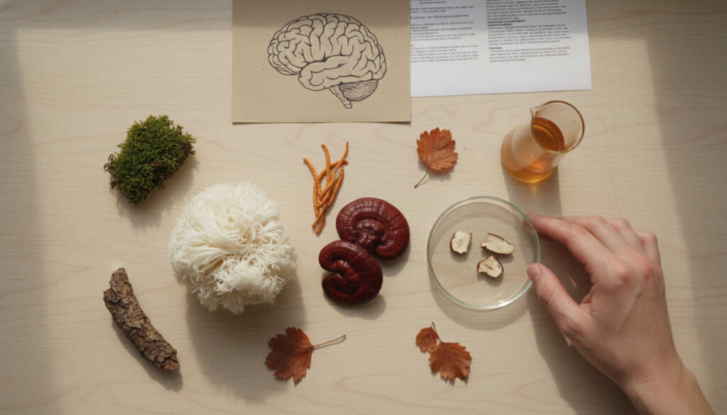 Минималистична сцена с Ноотропни гъби Лъвска грива, Рейши и Кордицепс върху светло дърво до стъклена лабораторна стъклария в мека естествена светлина