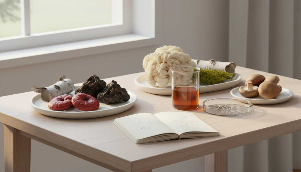 Редакционна снимка с Натурални гъбни екстракти в стъклен съд до лечебни гъби върху дървена повърхност и мека естествена светлина, илюстрираща научния подход на блог статия.