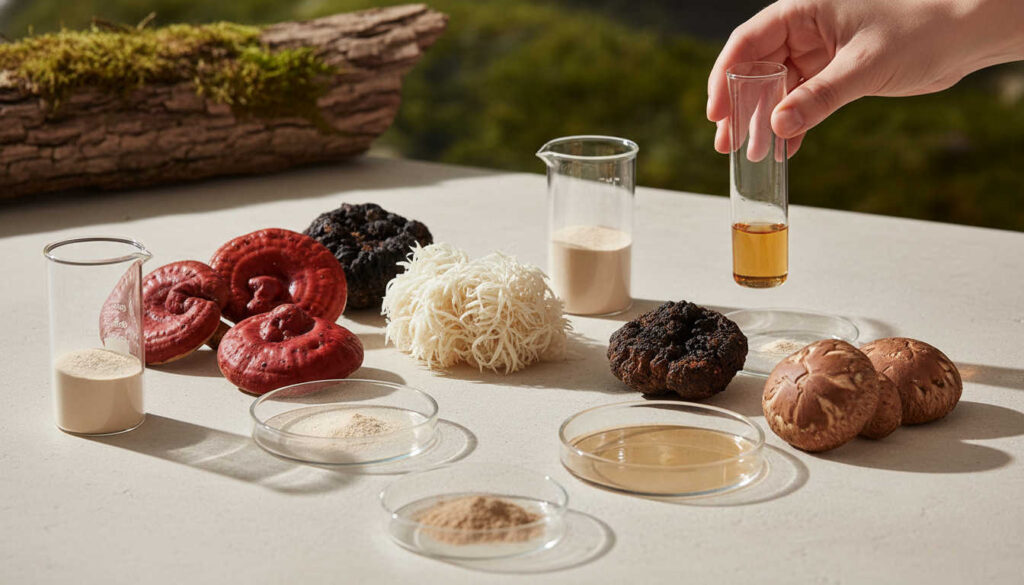 Премиум фотография на Био гъби добавки – лечебни гъби рейши, лъвска грива, чага и шийтаке върху светъл каменен плот до стъклени лабораторни съдове с прах и екстракти