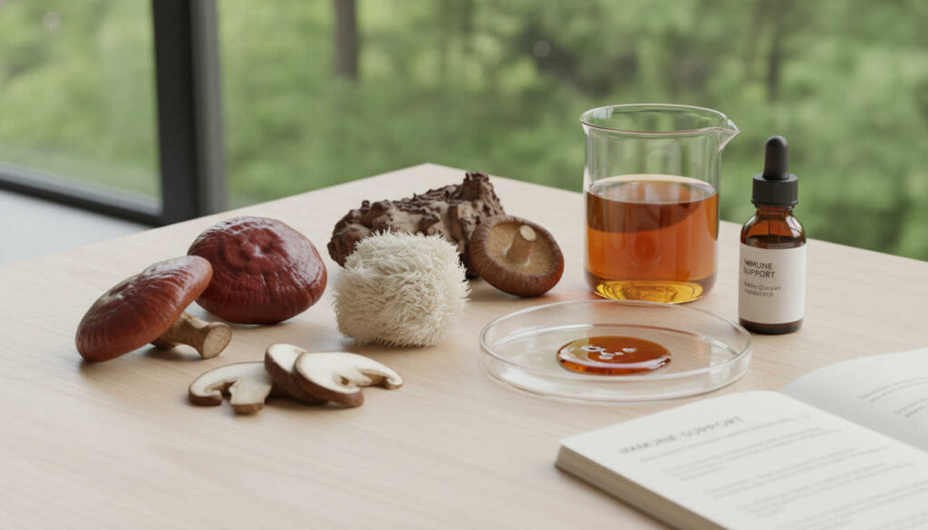 Нежна естествена композиция с гъби за имунитет върху светло дърво до прозорец, с меко осветление и стъклени съдове за екстракти