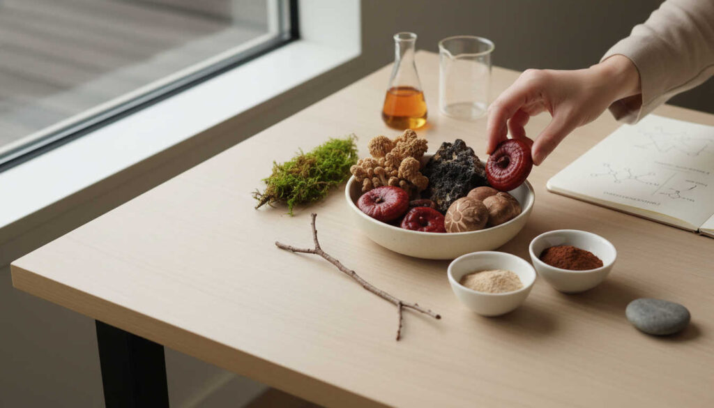 Нежно осветена редакционна фотография на Комплекс медицински гъби с рейши, шийтаке, майтаке и чага, подредени върху светъл дървен плот с дискретни лабораторни стъкленици и горски елементи