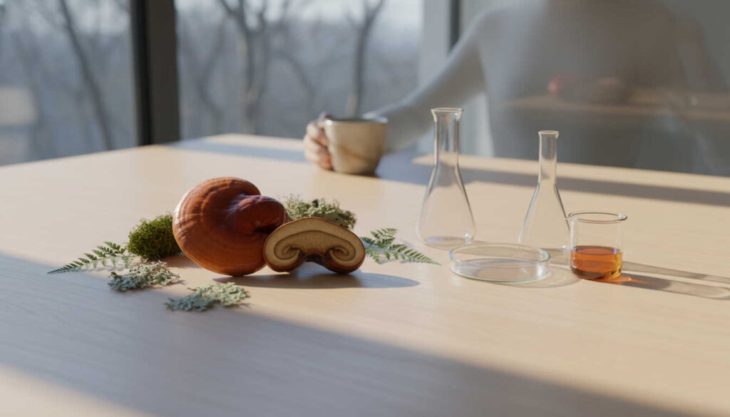 Editorial wellness blog header image illustrating рейши за баланс with a Reishi mushroom, forest elements and minimal glass labware in soft natural light