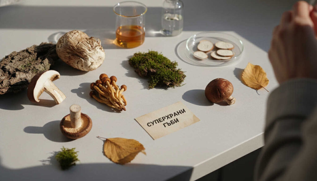 Нежна редакционна композиция със Суперхрани гъби – рейши, Lion’s Mane, кордицепс, чага и шийтаке върху светъл камък с деликатно лабораторно стъкло на заден план