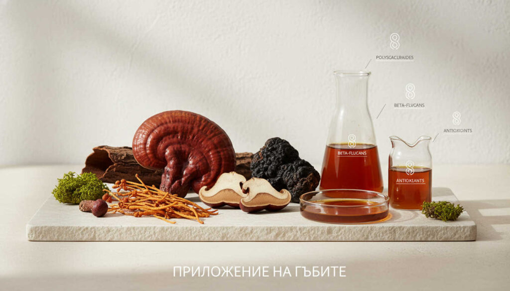 Editorial still life of medicinal mushrooms and clean glassware illustrating приложение на гъбите в съвременния уелнес контекст върху светъл естествен фон