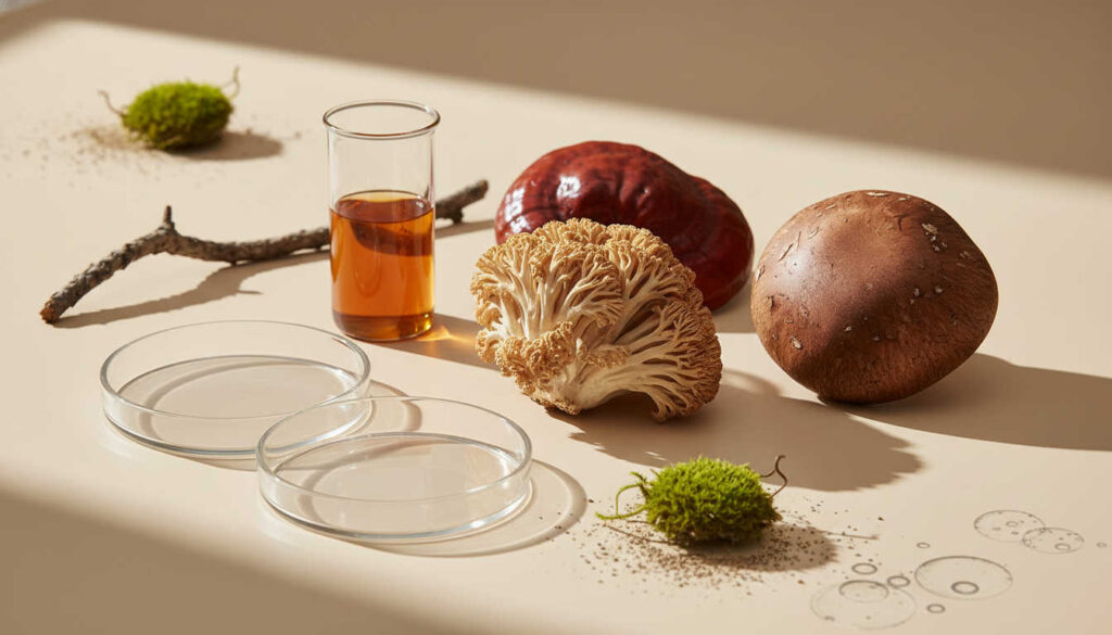 Премиум редакционна фотография с гъби за имунната система рейши, майтаке и шийтаке до стъклени съдове в мека дневна светлина