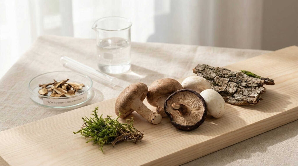 Soft daylight still life of assorted fresh mushrooms beside minimalist glass labware on a clean wooden surface, illustrating гъби хранителна стойност in a calm, premium wellness setting.