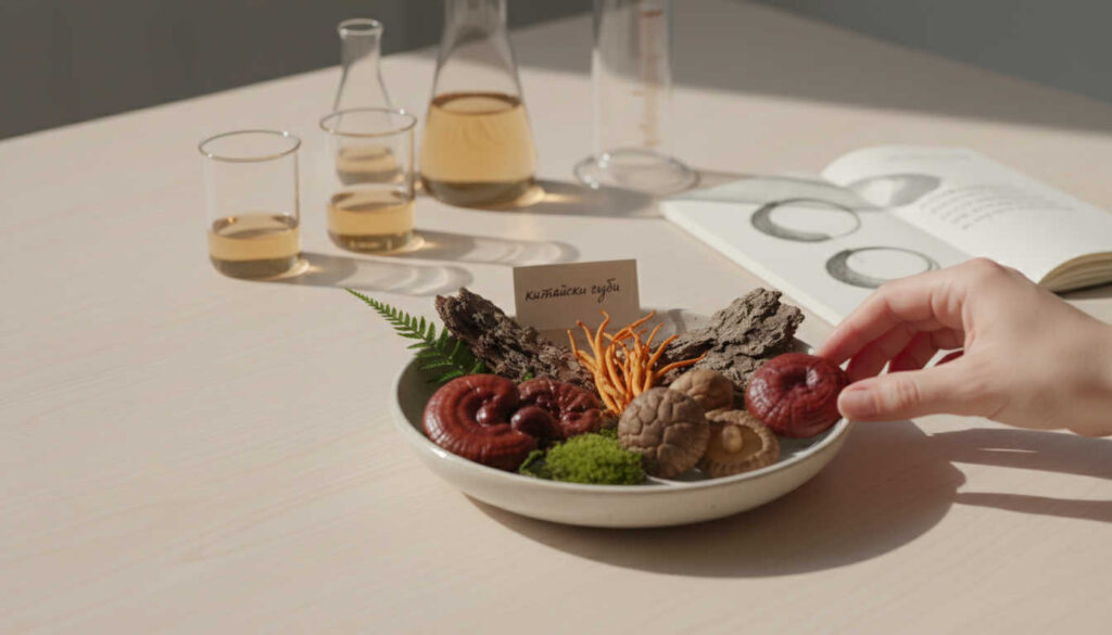 Нежно осветена подредба от китайски гъби върху светло дървено бюро с дискретни лабораторни стъкленици на заден план