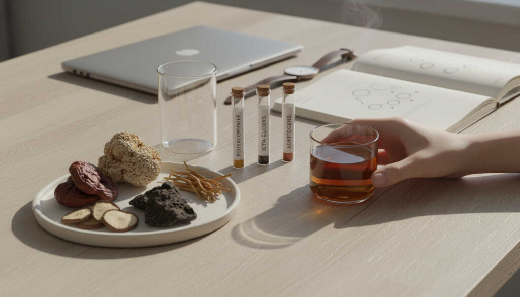 Editorial image of mushroom mix от Иновахерб за заети хора with reishi, lion’s mane, cordyceps, chaga and shiitake arranged on a minimalist desk beside a glass cup, beaker and notebook in soft natural light.