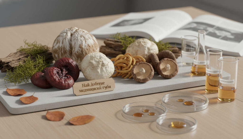 Най-добрите медицински гъби, подредени в чиста, естествена и научно вдъхновена сцена за блог статия