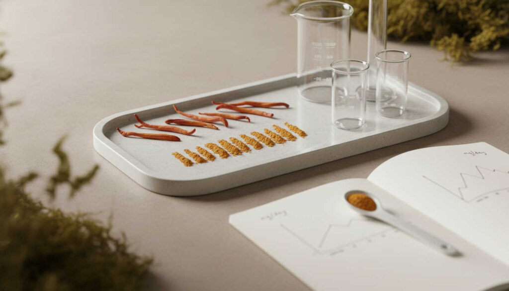 Минималистична сцена с кордицепс дозировка – сушени гъби и прах, подредени до стъклени мерителни съдове върху светъл каменен плот.