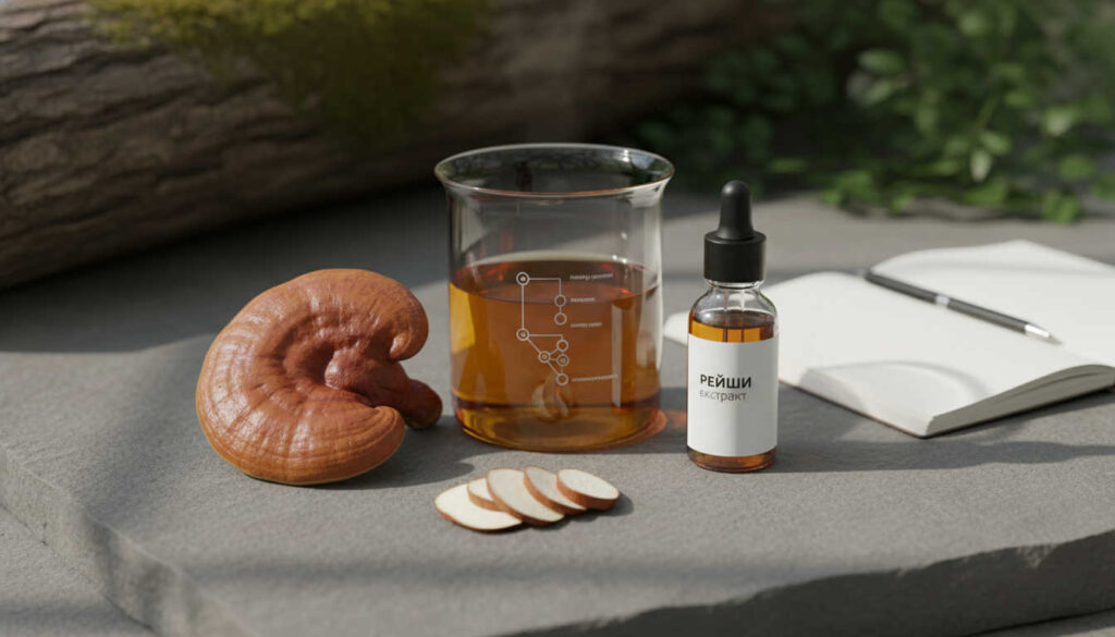 Softly lit editorial image showing Рейши екстракт in clear glassware beside dried reishi mushroom slices on a neutral stone surface, with blurred forest textures in the background to suggest natural origin and scientific balance.