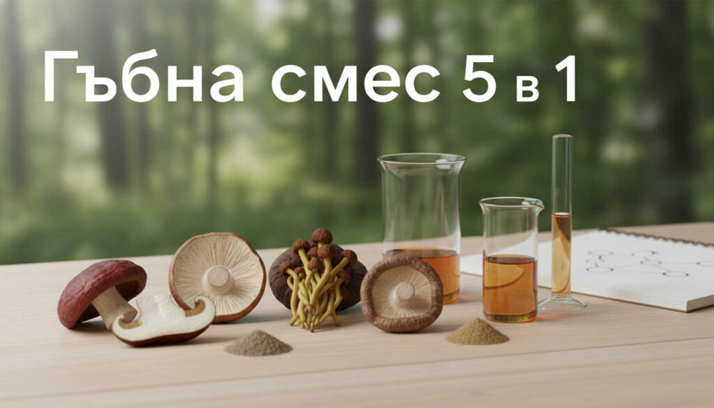 Calm editorial still life of five medicinal mushrooms and minimalist glassware on a wooden surface, illustrating a wellness blog about Гъбна смес 5 в 1 and its science-based mushroom blend concept.
