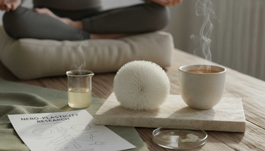 Minimalist wellness scene showing fresh Lion’s Mane mushroom arranged for лъвска грива за медитация beside a tea cup and subtle lab glassware in soft natural light