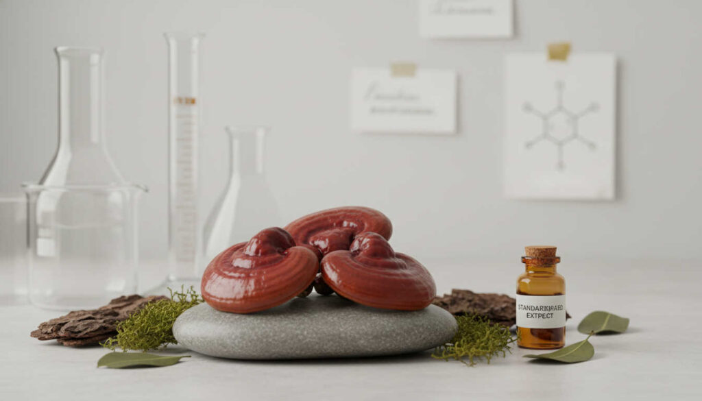 Editorial still life of Рейши mushrooms on stone with forest moss and minimalist glass labware in soft natural light, symbolizing balanced, research-informed wellness.
