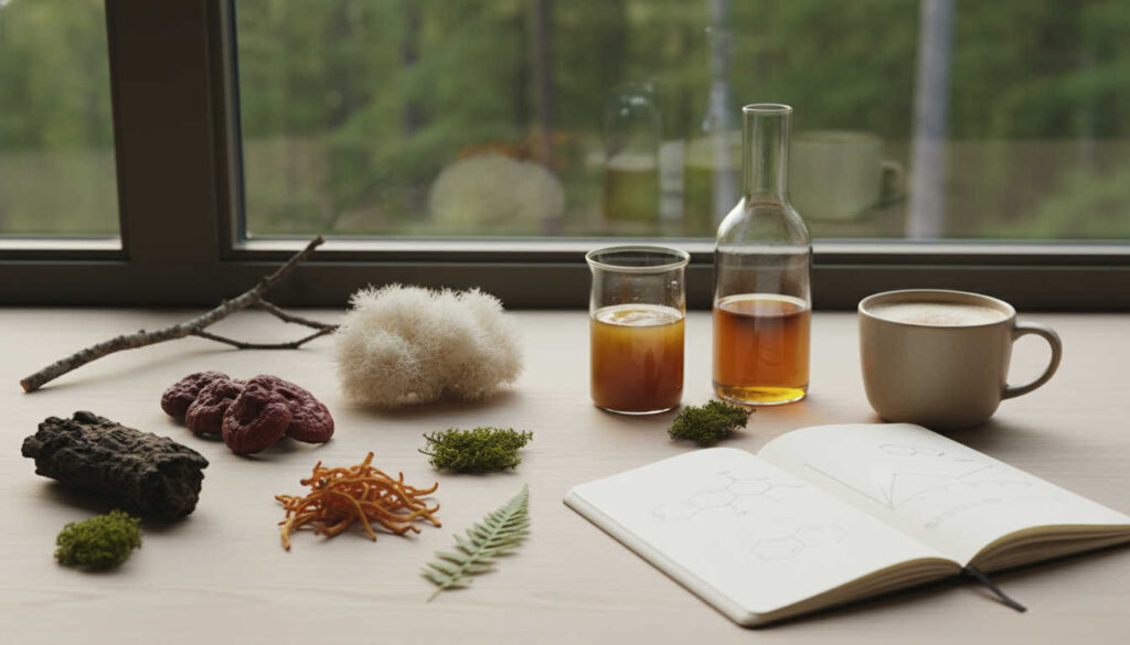 Елегантна фотография на Адаптогенни гъби с лабораторно стъкло и мека горска светлина върху светло дървена повърхност