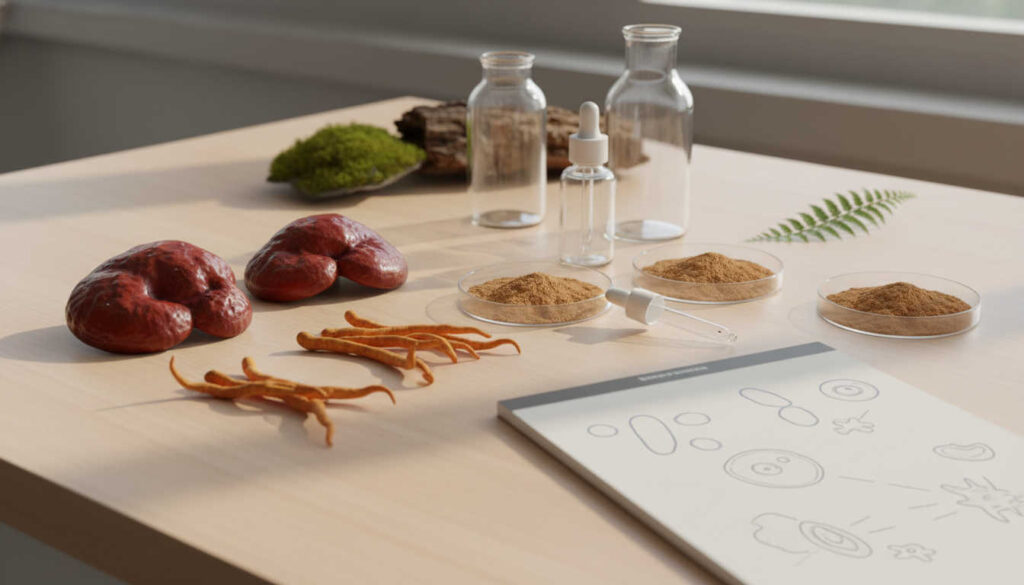 Премиум фотография на медицински гъби върху светла дървена повърхност до стъклени съдове и бележки за имунната система, представяща внимателно, научно ориентиран поглед към медицински гъби