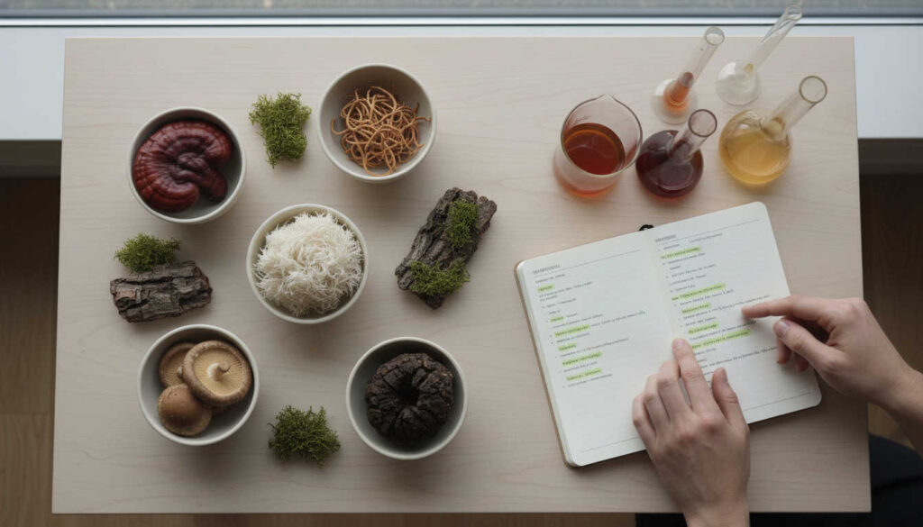 Редакционна снимка на 5-гъбен бленд с лечебни гъби и стъклени съдове върху светла маса