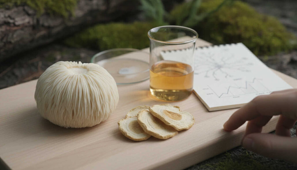 Calm editorial still life в мека дневна светлина с гъба лъвска грива върху светло дърво, деликатна лабораторна стъкленица и нежен горски фон, илюстриращи връзката между лъвска грива и депресия и ранните научни данни за подкрепа на настроението.