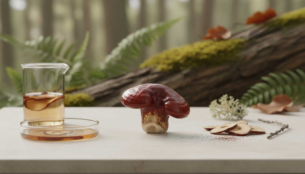 Calm editorial still life of Гъба Рейши on a light stone surface with forest elements and minimal glassware, illustrating a scientific yet natural view of the mushroom for a wellness blog