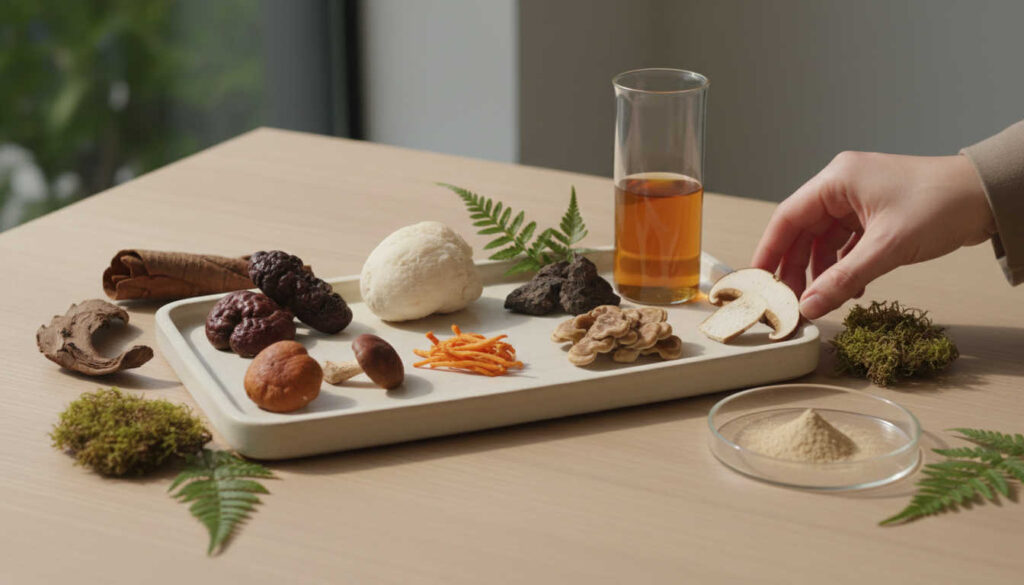 Премиум редакторска фотография на различни лечебни видове гъби, подредени върху светла повърхност, илюстрираща темата видове гъби и научния им контекст