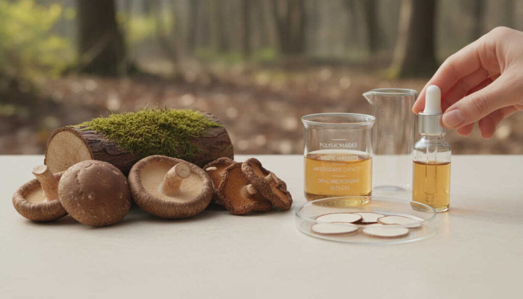 Натурална редакционна фотография с гъби шийтаке върху светла повърхност до прозрачна лабораторна стъклария в мека дневна светлина.