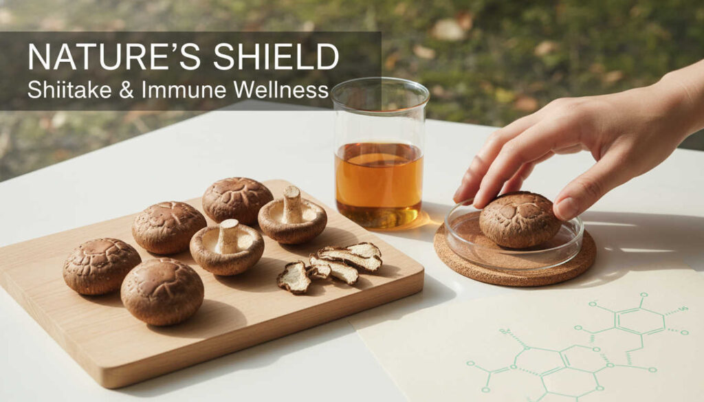 Нежно осветена композиция с гъби шийтаке за имунитет върху светла дървена повърхност до прозрачен стъклен съд с екстракт в чист, минималистичен стил.