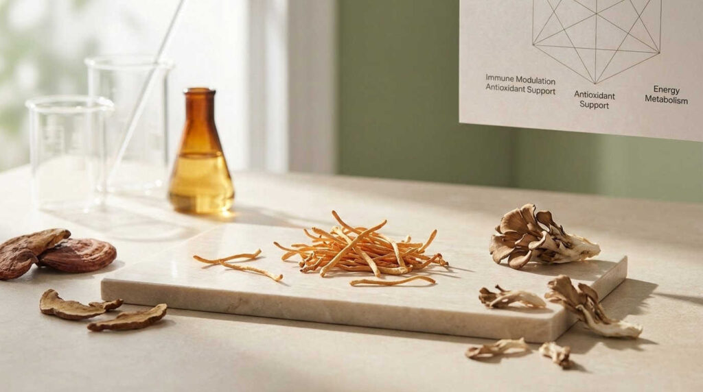 Редакционна фотография на китайска гъба кордицепс върху светъл каменен плот с естествена светлина и дискретни стъклени лабораторни съдове на заден план.