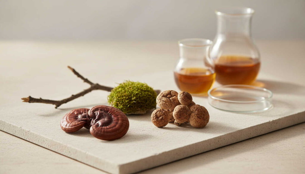 Спокойна минималистична композиция с витални гъби, мъх и стъклена лабораторна стъклария на светъл фон