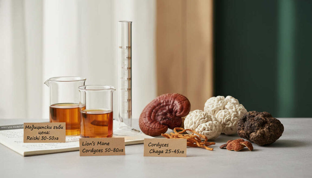 Calm editorial still life illustrating „Медицински гъби цена“ with Reishi, Lion’s Mane, Cordyceps and Chaga on a pale stone surface beside clear lab glassware and discreet handwritten price ranges.