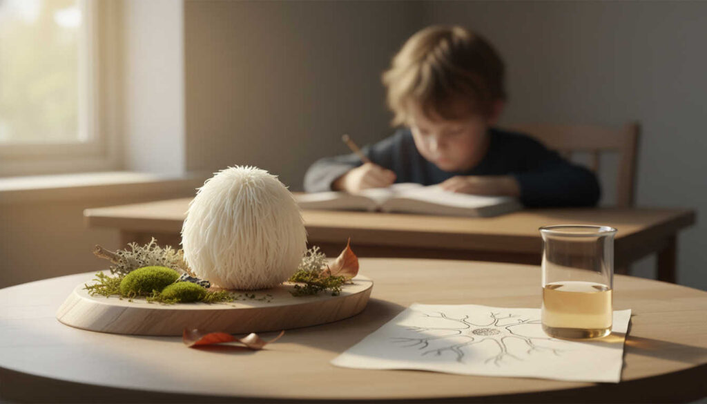 Натурална сцена с гъба Лъвска грива, минимална лабораторна стъклария и приглушен детски силует, илюстрираща темата лъвска грива за концентрация при деца