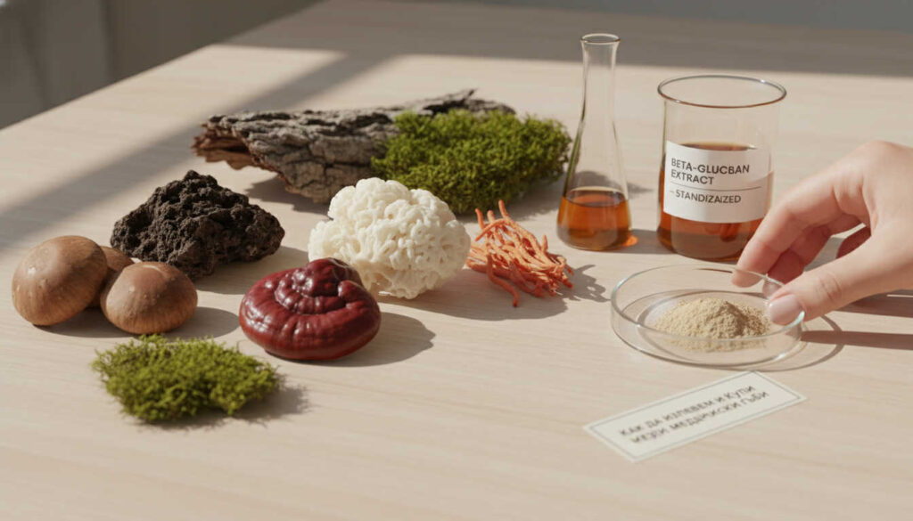 Нежна натурална композиция с лечебни гъби и стъклена лабораторна посуда, визуализираща научния контекст на темата „Купи медицински гъби“ за блог статия