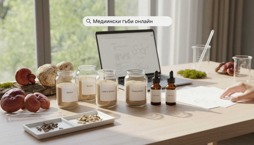 Редакционна фотография на спокойна сцена с Медицински гъби онлайн – светла дървена повърхност с рейши, лъвска грива, чага и кордицепс до стъклени колби, прахове и отворен лаптоп за информирано търсене.