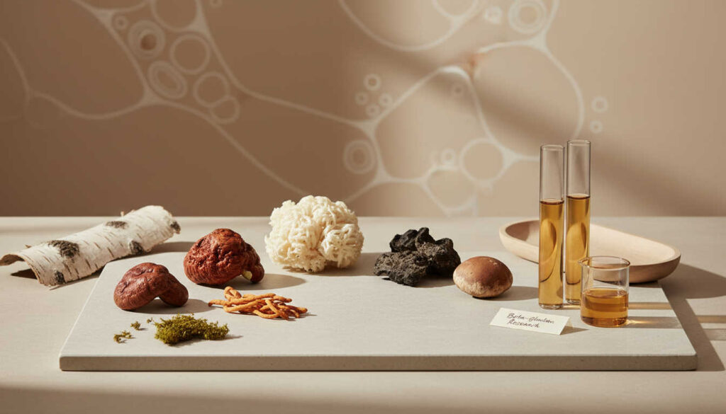 Editorial still life of five medicinal mushrooms and glassware representing mushroom mix InnovaHerb in a calm, natural wellness setting