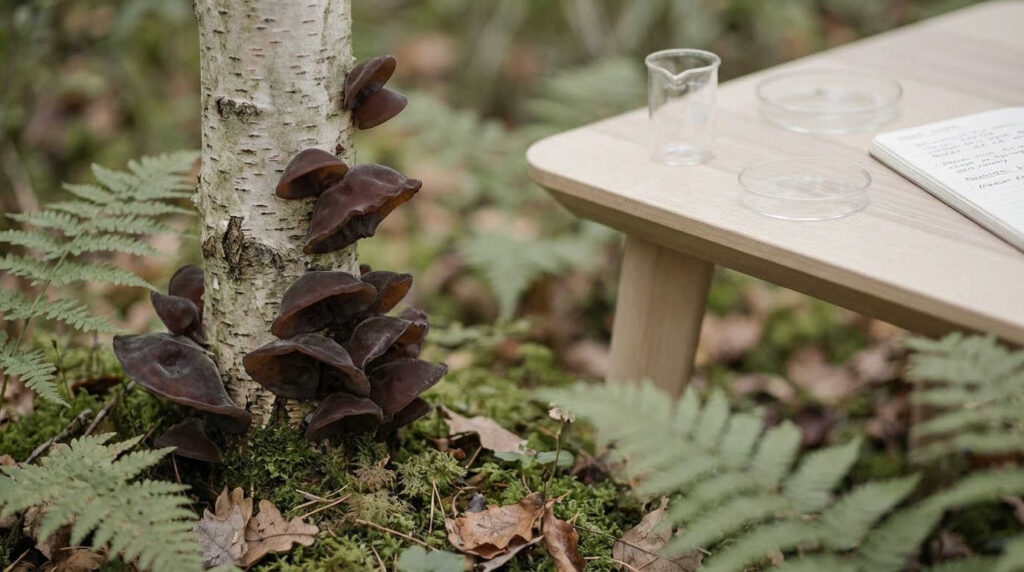 Editorial close-up of черна китайска гъба wood ear mushroom on a tree trunk with soft forest light and subtle glassware in the background