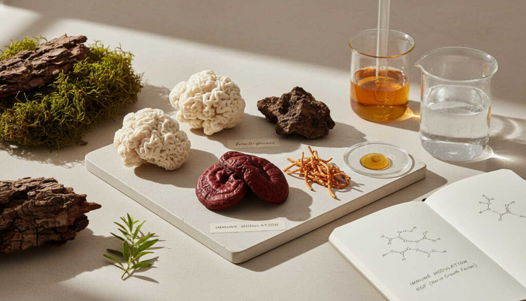 Екстракти от лечебни гъби, подредени като спокойна натурална композиция с различни гъби и стъклени колби с течни екстракти върху светъл фон