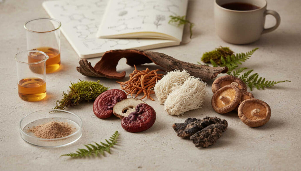 Нежна редакционна фотография на Гъби за здраве – лечебни гъби, подредени върху светъл каменен плот с мъх и стъклена лабораторна стъклария в мека естествена светлина