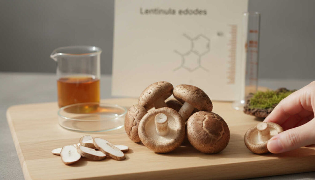 Минималистична, естествено осветена сцена с шийтаке гъби върху дървена повърхност до прозрачни стъклени съдове, показваща научния и уелнес контекст на шийтаке гъби в блог статия.