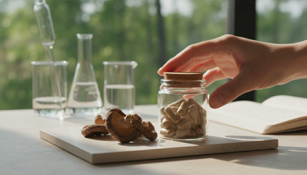 Нежно осветена сцена с шийтаке капсули в стъклен буркан до сушени гъби шийтаке и минималистична лабораторна стъклария върху светъл фон, заснета за образователна блог статия.
