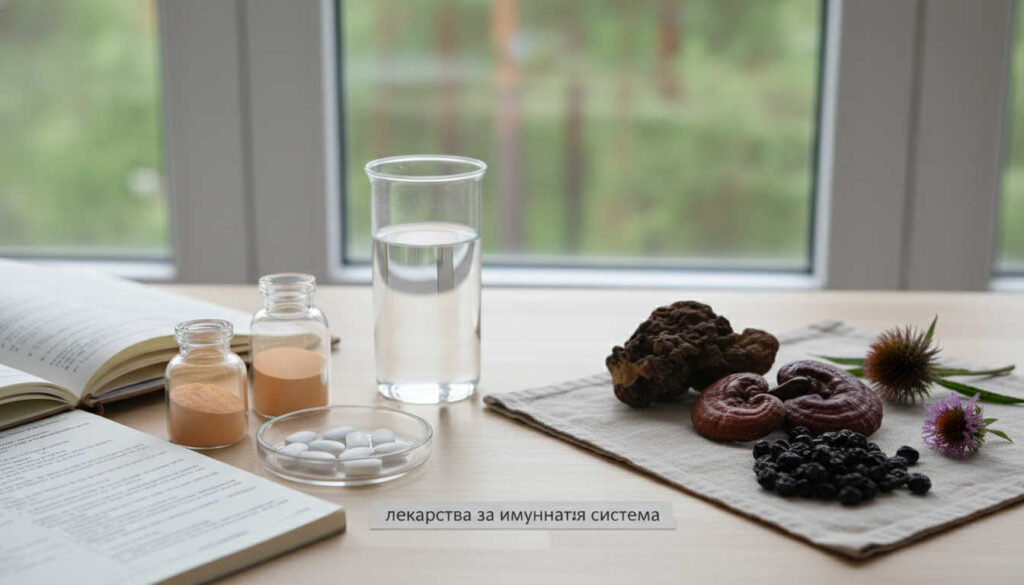 Editorial still-life illustrating лекарства за имунната система with vitamins in glassware and medicinal mushrooms on a light wooden table in soft natural light