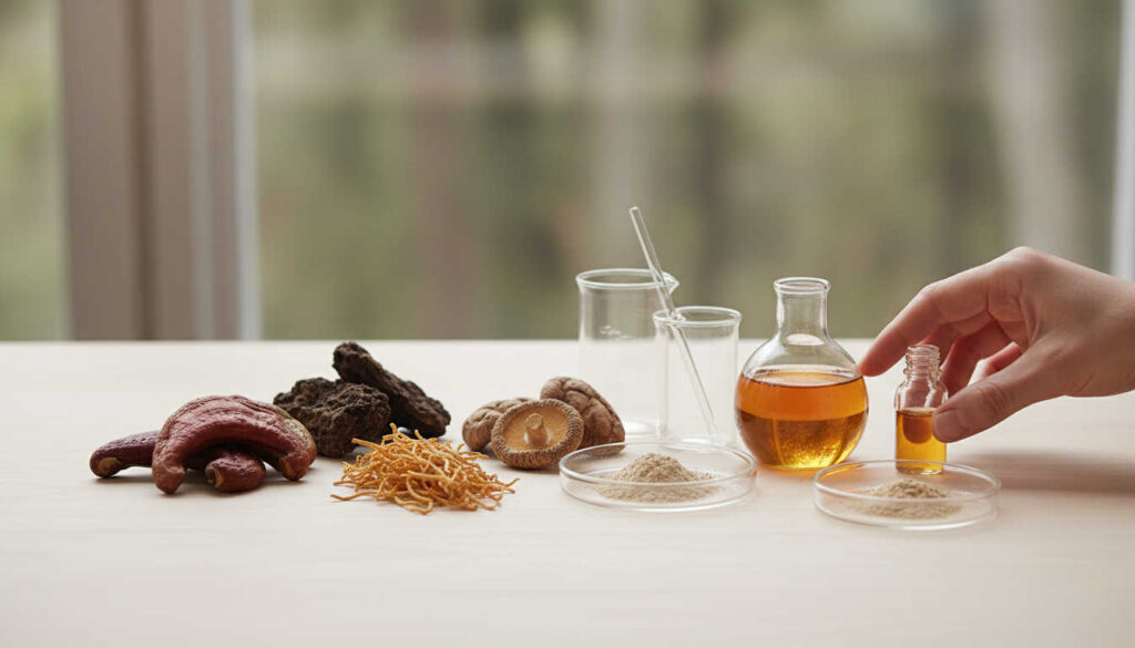 Минималистична подредба на лечебни гъби за имунната система върху светла дървена повърхност с чисто стъклено лабораторно стъкло и мека естествена светлина