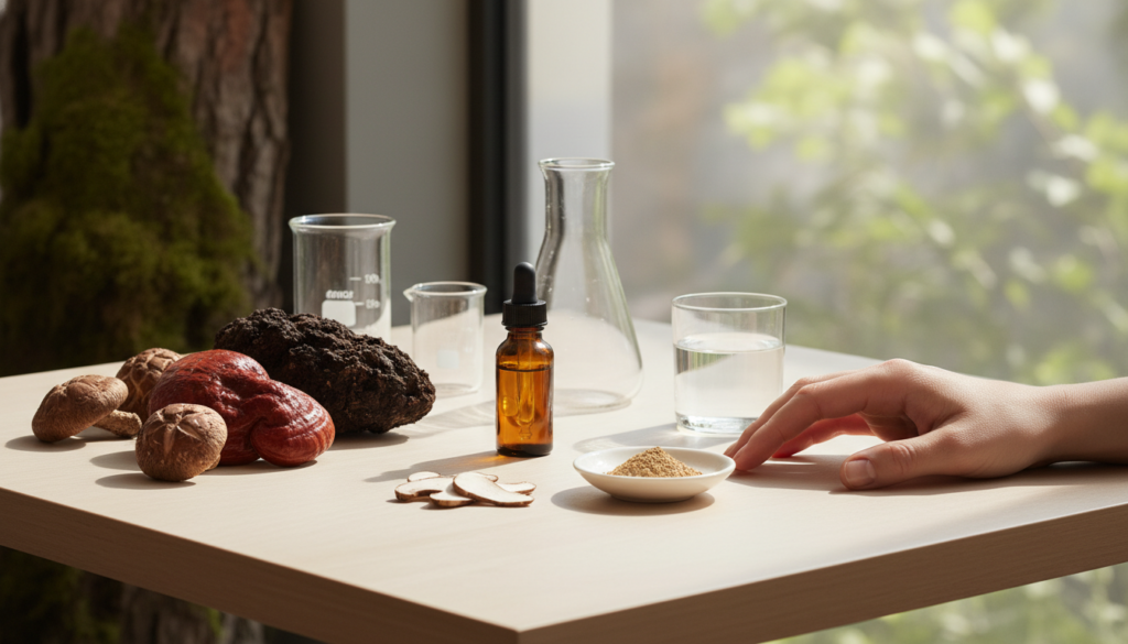 Нежна натурална композиция с лечебни гъби Рейши, Шийтаке и Чага върху дървена повърхност до стъклени колби, илюстрираща научен подход за силен имунитет