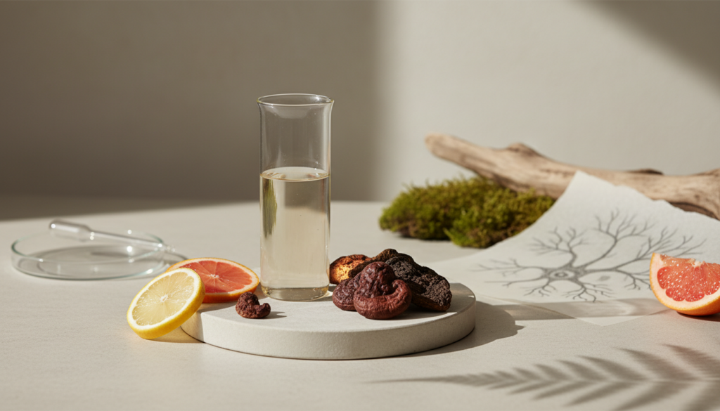 Редакционен кадър с чиста стъклена колба, цитруси и лечебни гъби върху светла повърхност, илюстриращи тема за витамини имунитет и естествена имунна подкрепа.