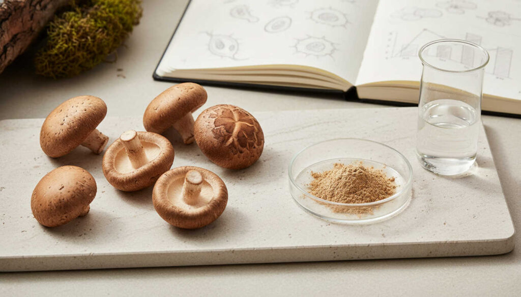Фин редакционен кадър за блог, показващ гъби шийтаке на светъл каменен фон с дискретни лабораторни елементи, илюстриращ спокоен научен поглед към гъби шийтаке мнения.