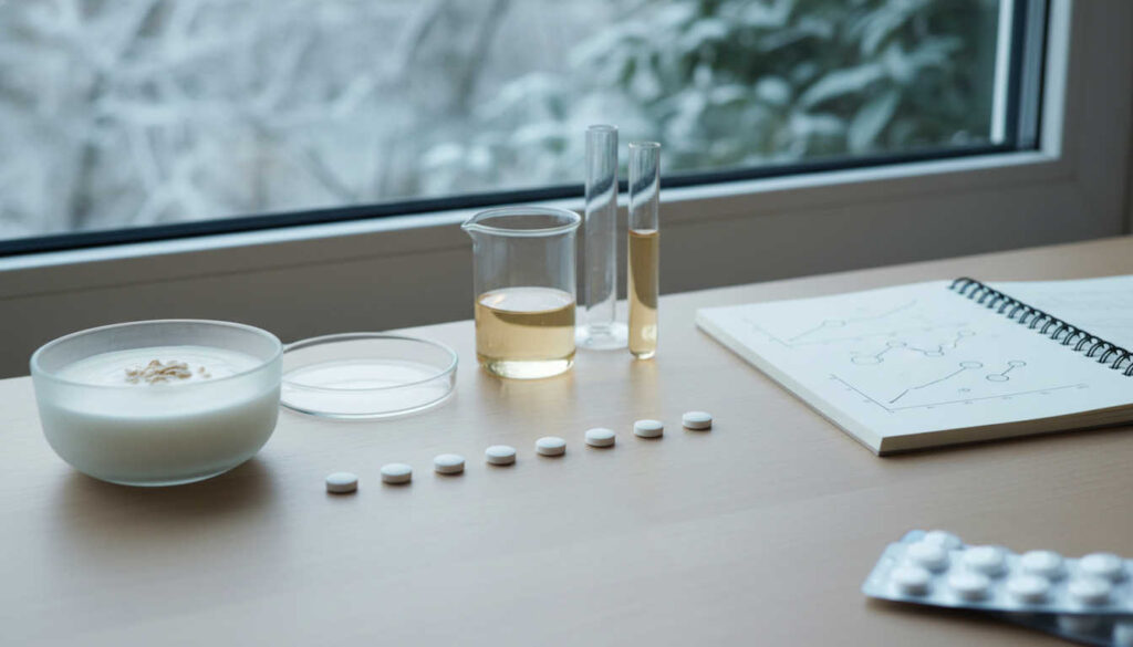 Редакционна зимна композиция на светло дървено бюро с хапчета за имунната система, купичка кисело мляко, стъклена лабораторна стъклария и меко естествено осветление на фона на заснежени клони