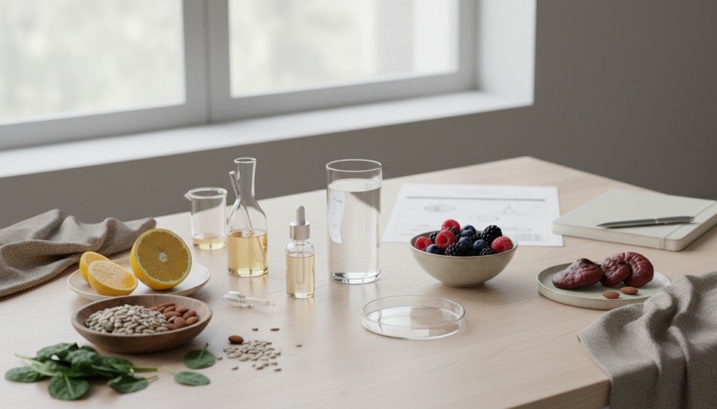 Елегантна натюрморт сцена с естествени източници на витамини за имунитета, стъклени шишенца и мека дневна светлина върху светла дървена повърхност