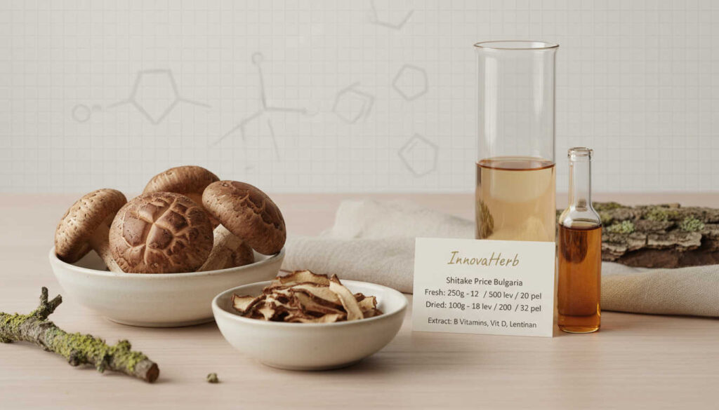 Editorial-style still life on a wooden table with fresh and dried shiitake mushrooms, minimalist glassware and subtle pricing notes, illustrating шийтаке цена in Bulgaria